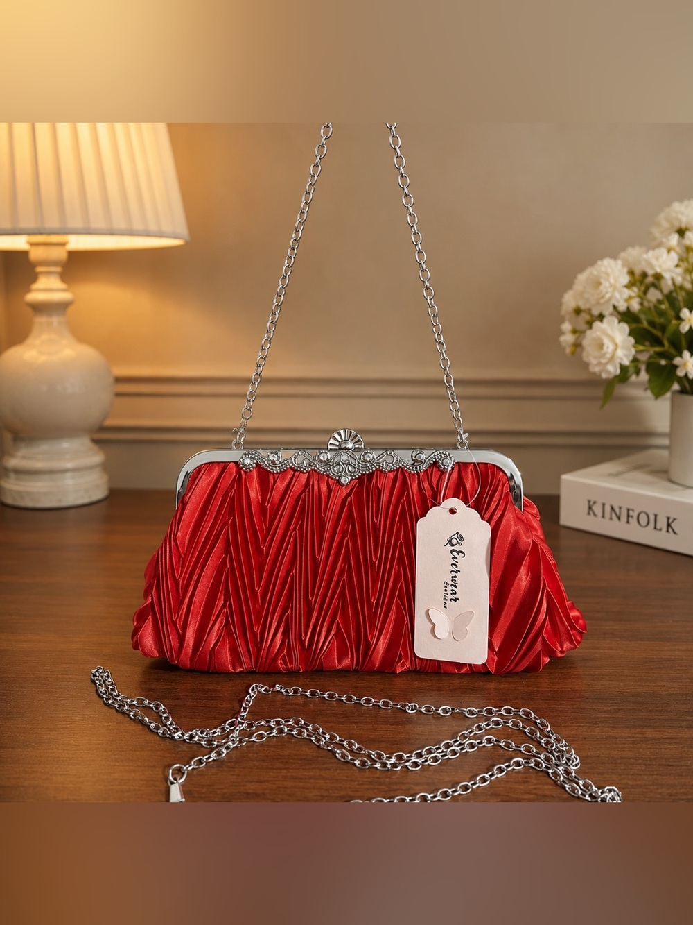 🆕 Elegant Red Satin Evening Clutch with Chain Strap